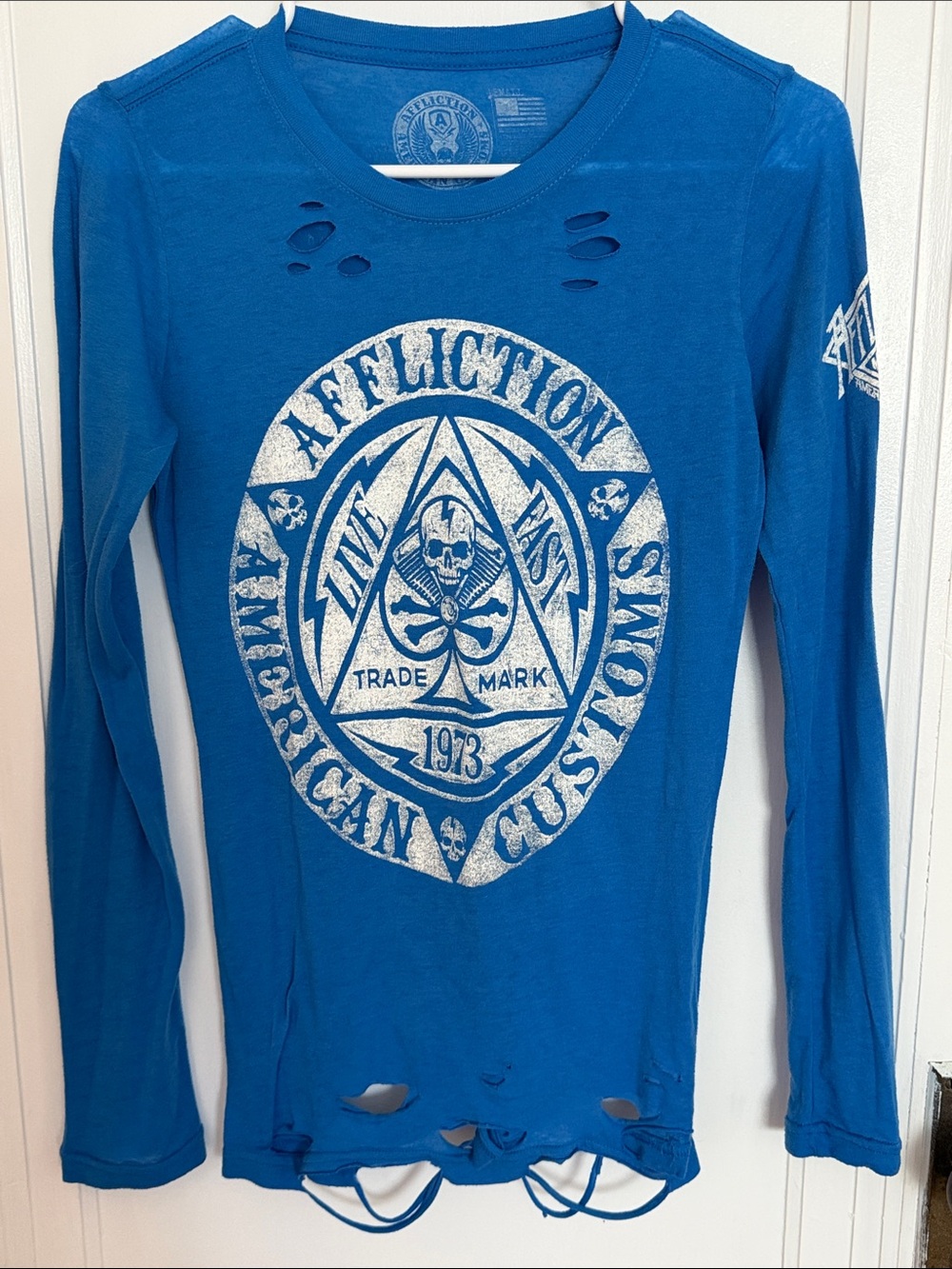 Affliction Royal Blue Distressed destructed Long Sleeve Graphic Tee